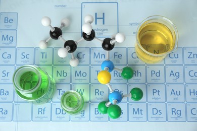 Molecular model and laboratory glassware with liquid on periodic table, flat lay