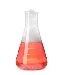 Photo of Laboratory flask with colorful liquid isolated on white. Chemical reaction