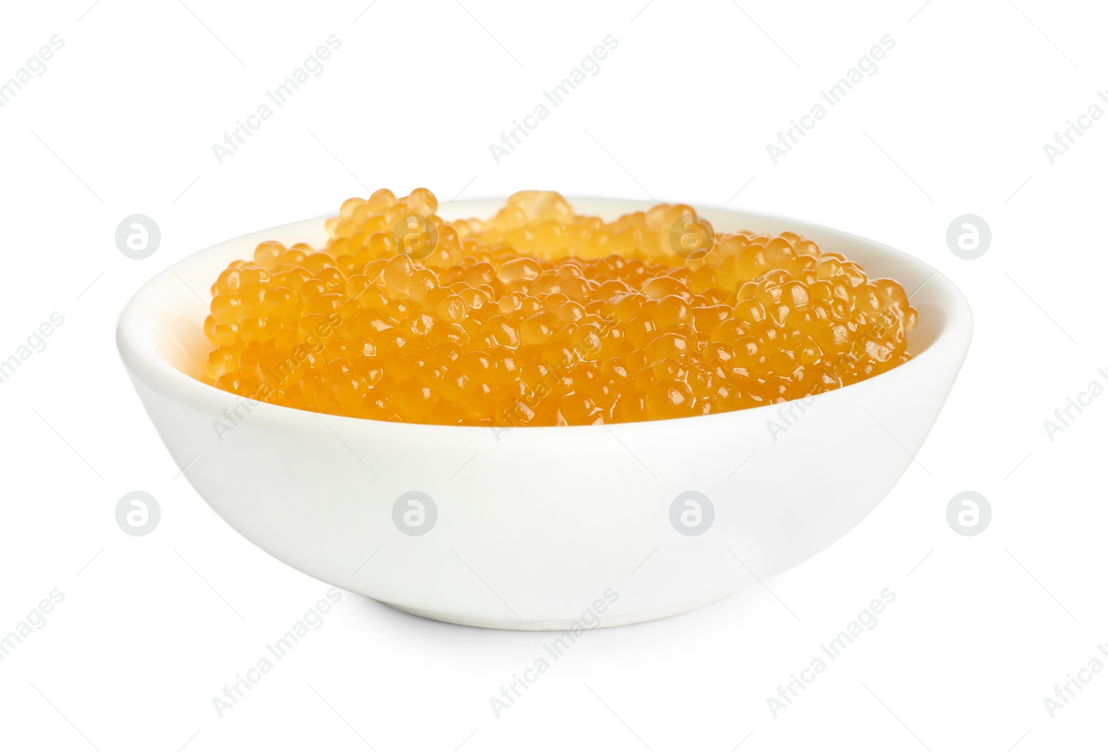 Photo of Fresh pike caviar in bowl isolated on white