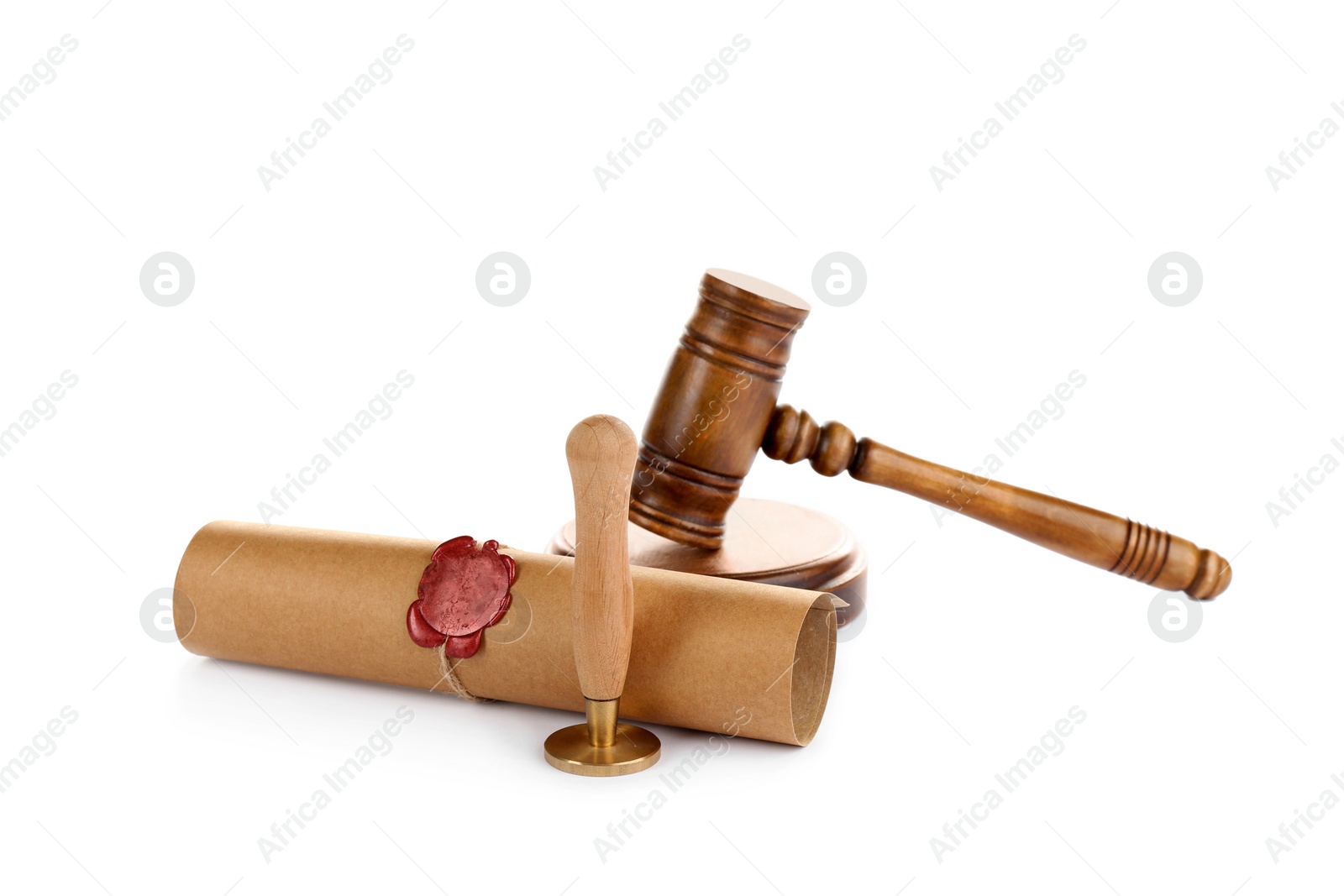 Photo of Notary's public pen, sealed document and gavel isolated on white
