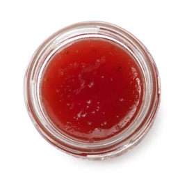 Photo of Glass jar with sweet jam isolated on white, top view