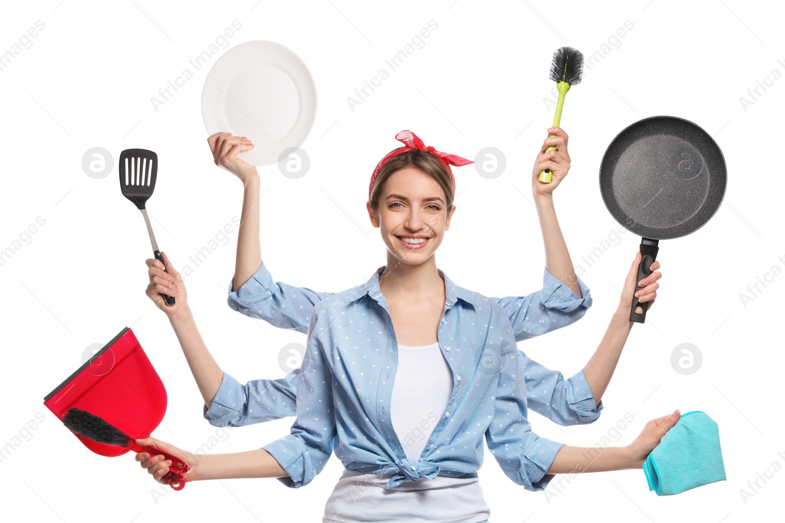 Image of Multitask housewife with many hands holding different stuff on white background