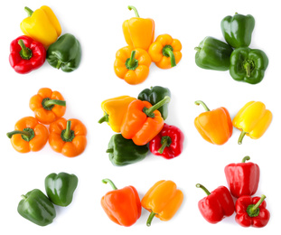 Image of Set of different ripe bell peppers on white background, top view