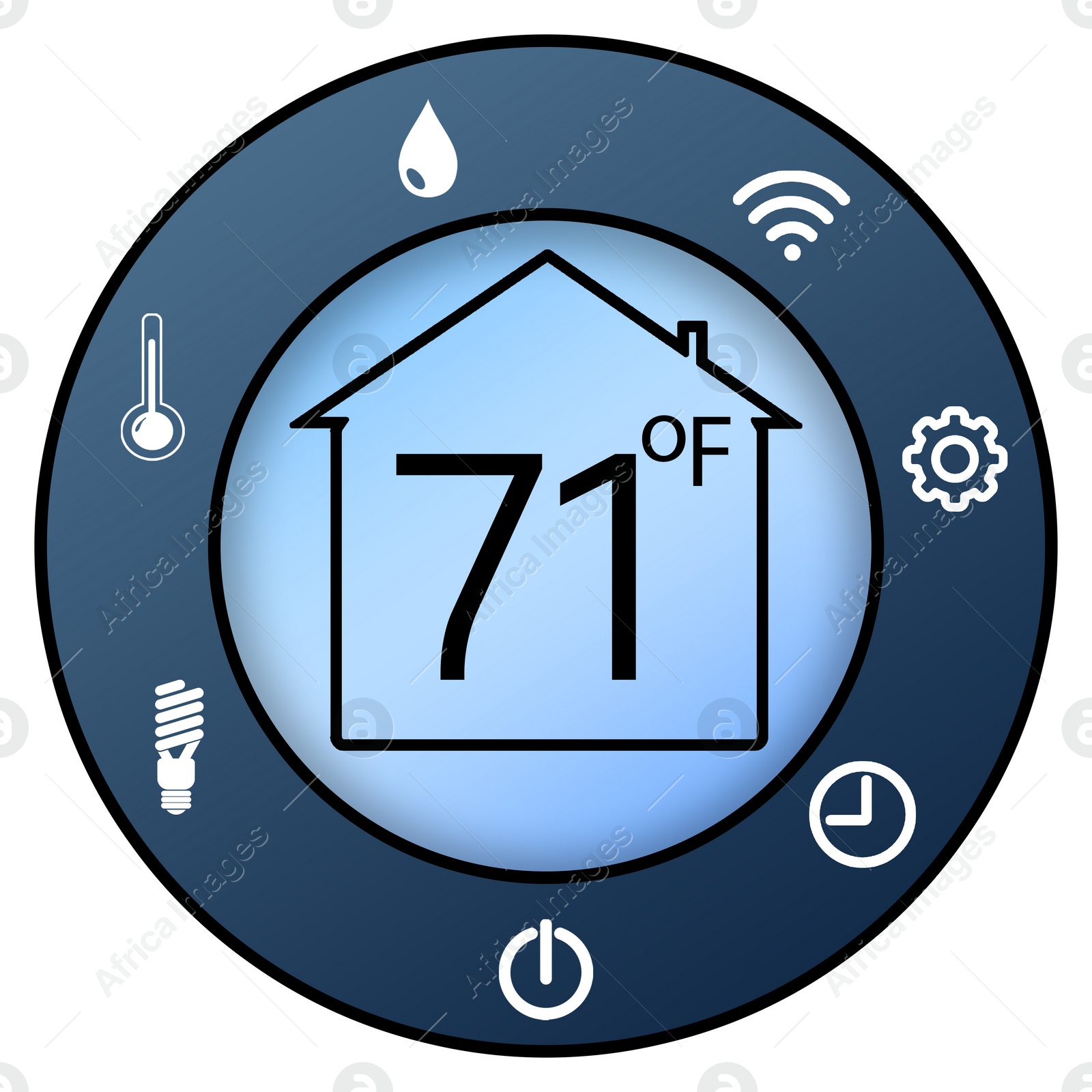 Illustration of Smart home system. Thermostat display showing ambient temperature in Fahrenheit scale and different icons on white background