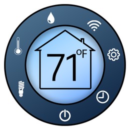 Smart home system. Thermostat display showing ambient temperature in Fahrenheit scale and different icons on white background