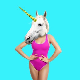 Image of Modern art collage. Woman with unicorn's head on turquoise background