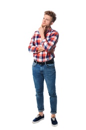 Full length portrait of handsome man posing on white background