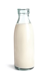 Photo of Bottle with fresh hemp milk on white background