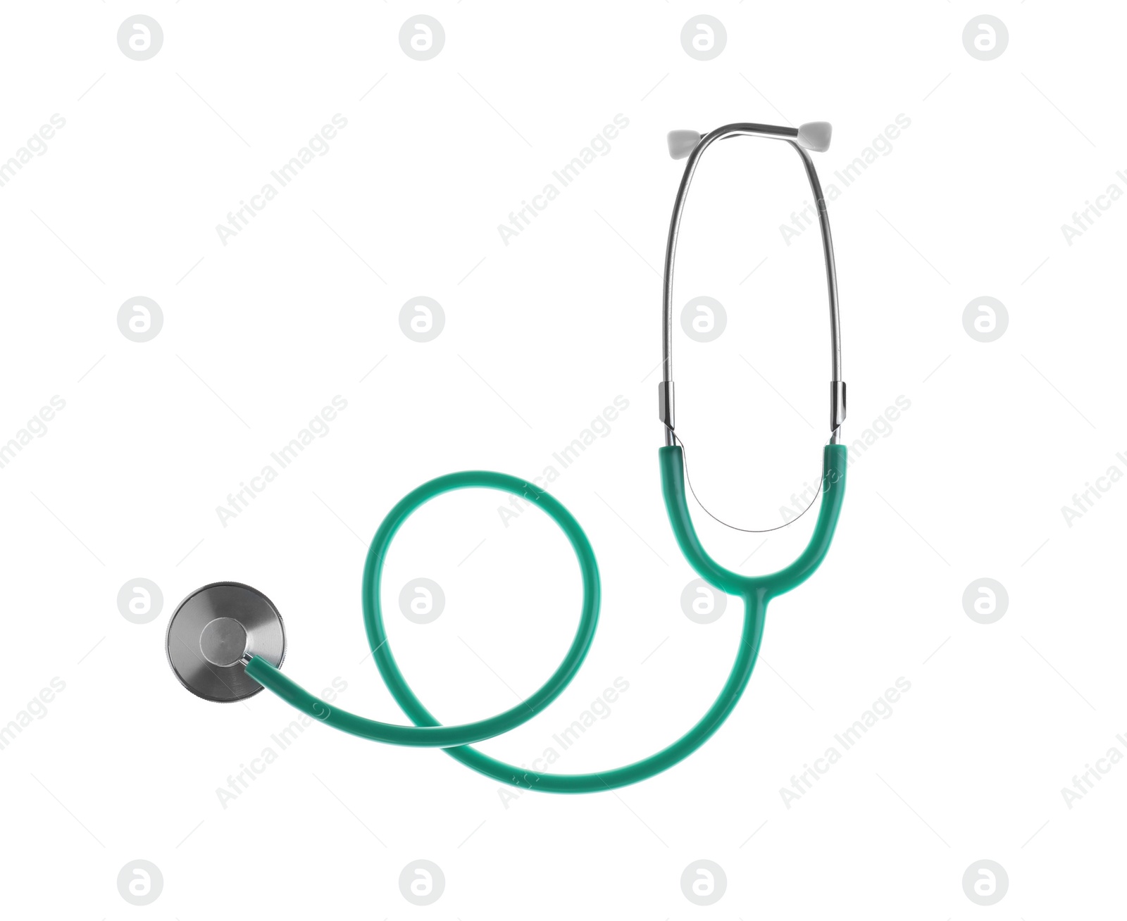 Photo of Stethoscope on white background, top view. Medical device