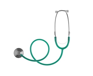 Photo of Stethoscope on white background, top view. Medical device