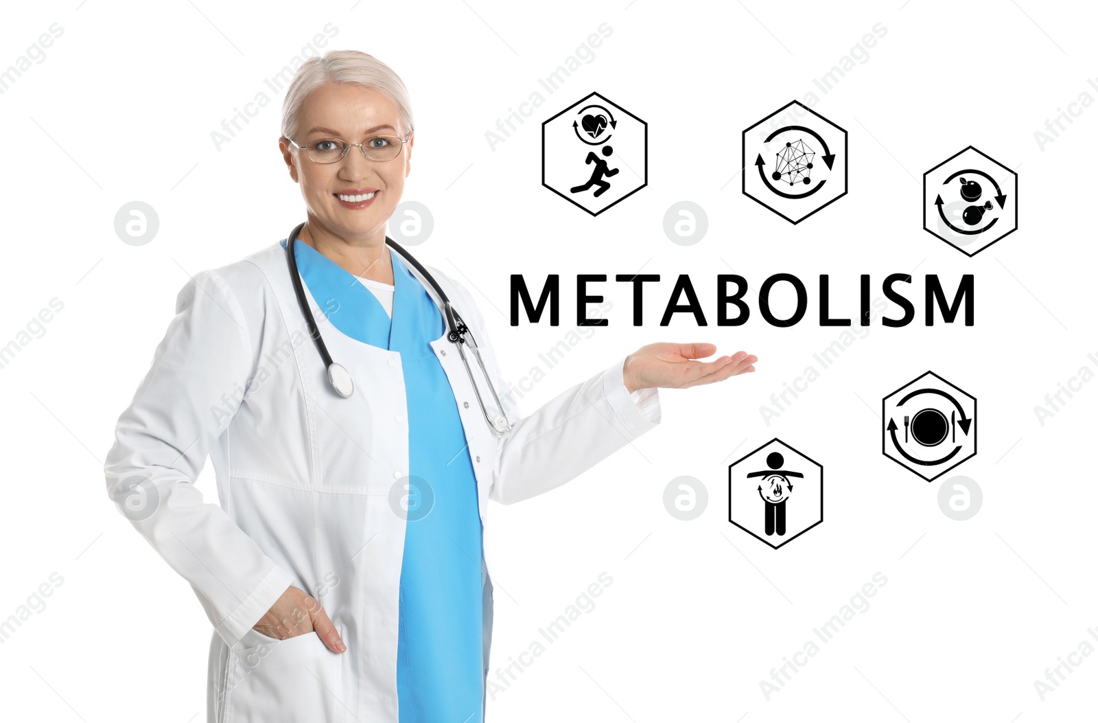 Image of Metabolism concept. Doctor with stethoscope on white background