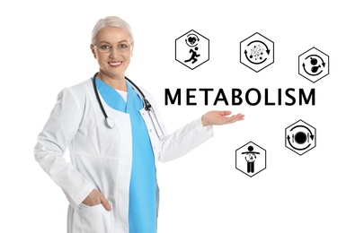 Image of Metabolism concept. Doctor with stethoscope on white background