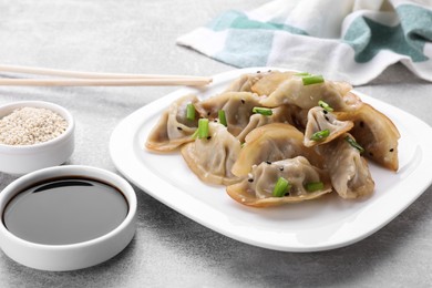 Delicious gyoza (asian dumplings) with green onions, soy sauce and chopsticks on light gray table