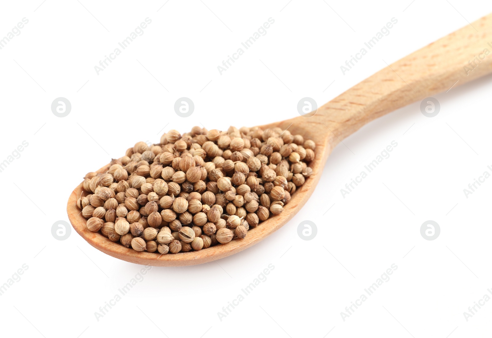 Photo of Dried coriander seeds with wooden spoon isolated on white