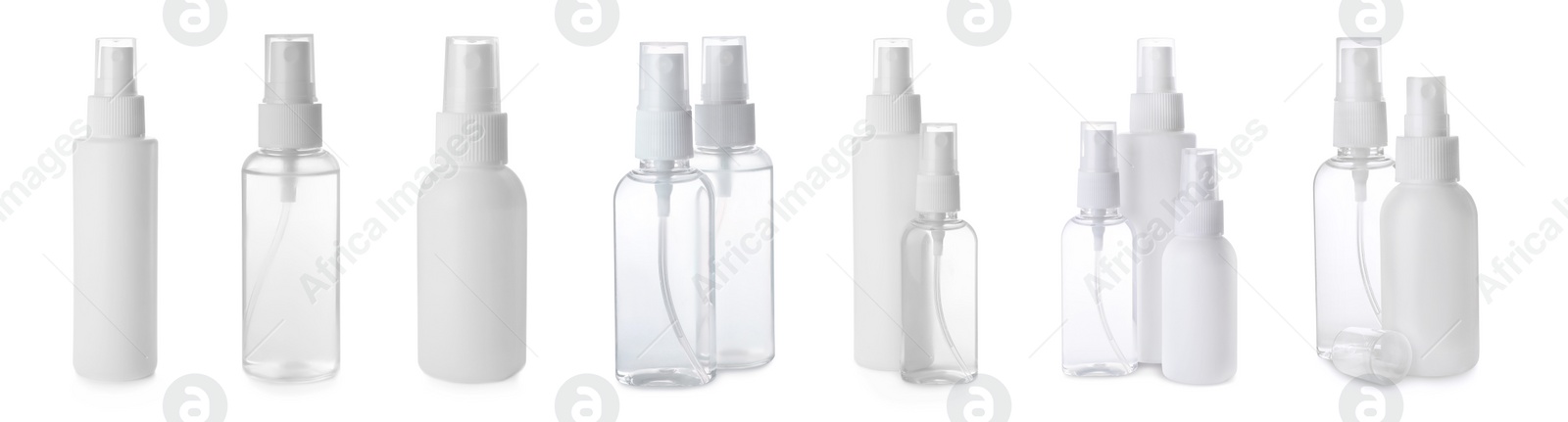 Image of Bottles with antiseptic on white background, collage. Banner design