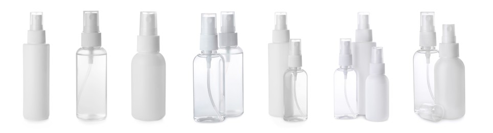 Image of Bottles with antiseptic on white background, collage. Banner design