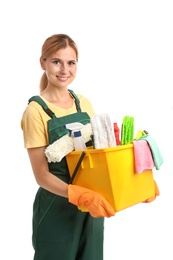 Photo of Female janitor with cleaning supplies on white background