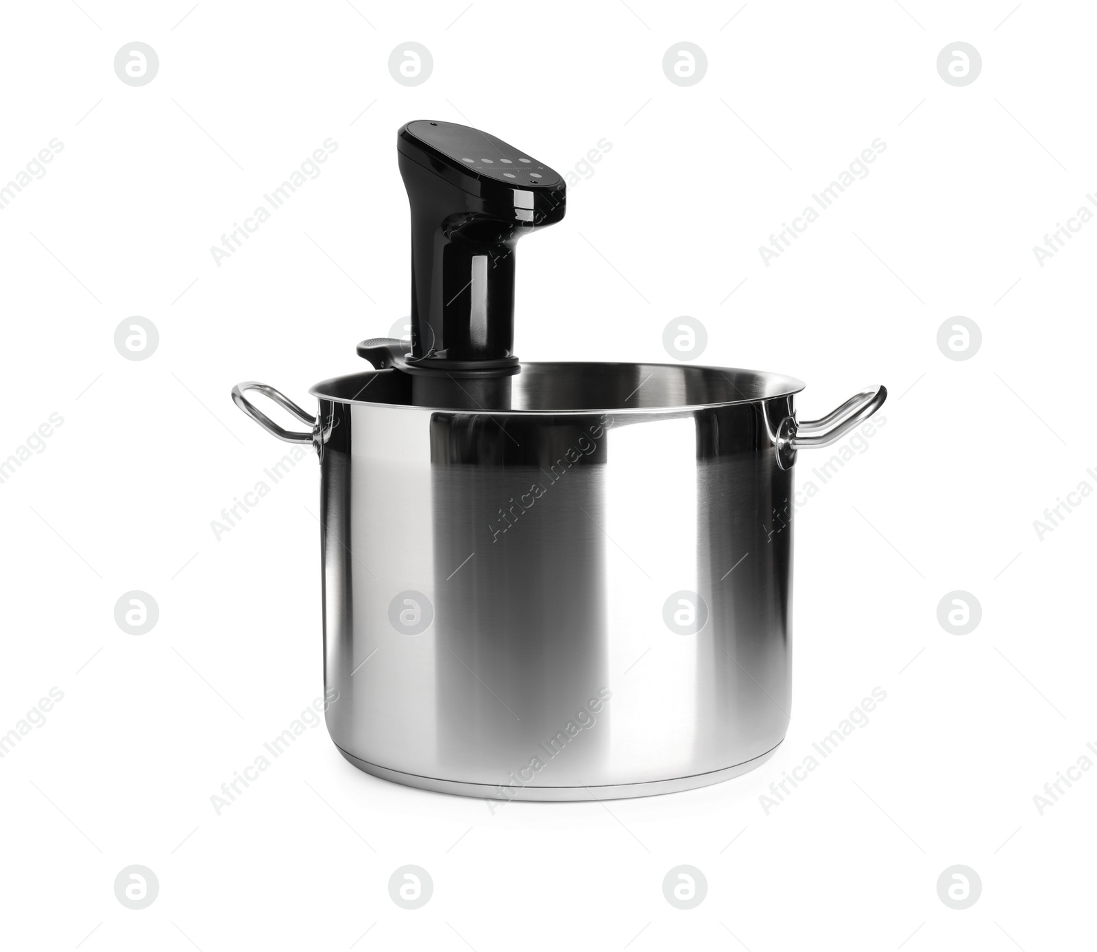 Photo of Thermal immersion circulator in pot isolated on white. Sous vide cooker