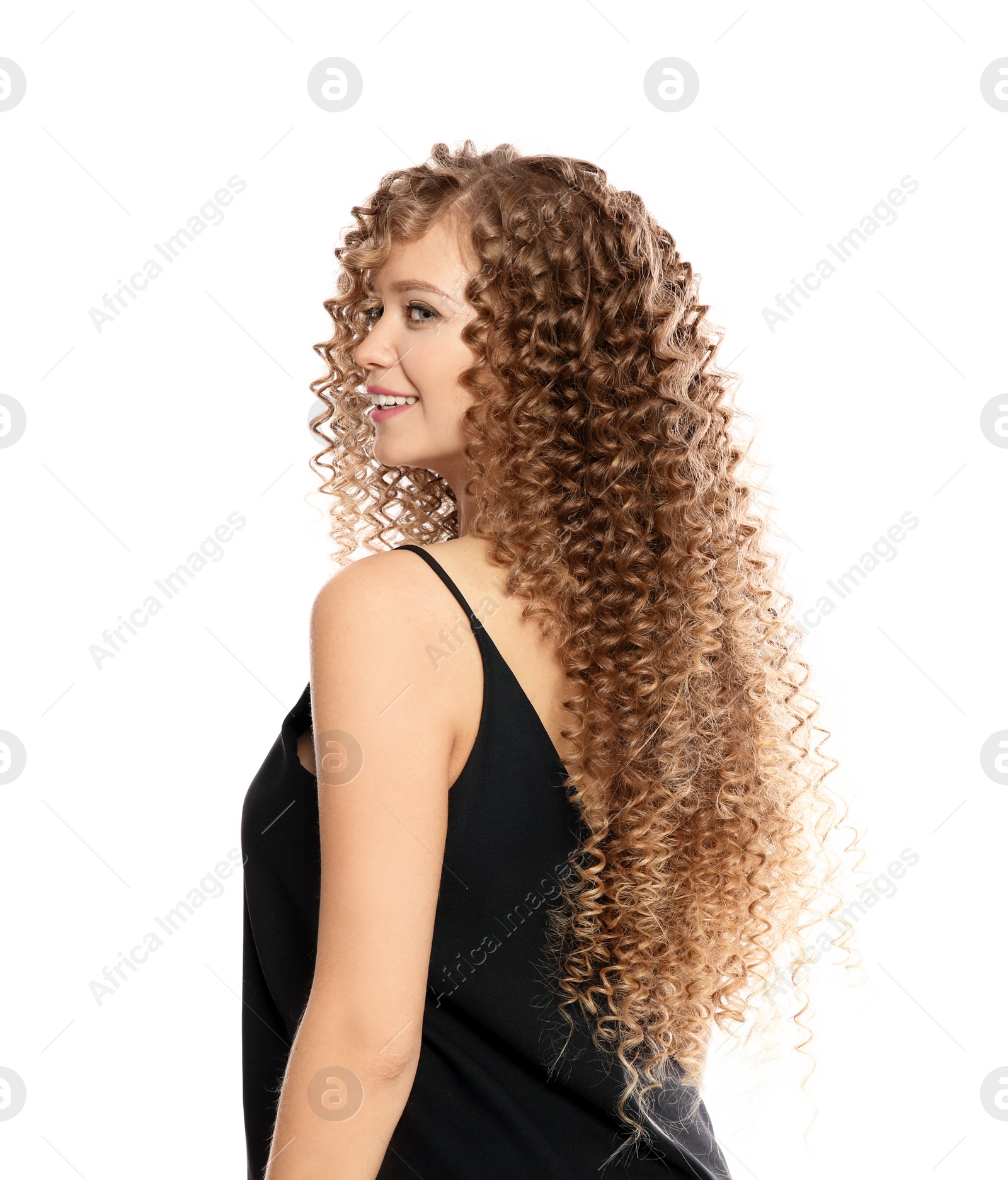 Photo of Portrait of beautiful young woman with shiny wavy hair on white background