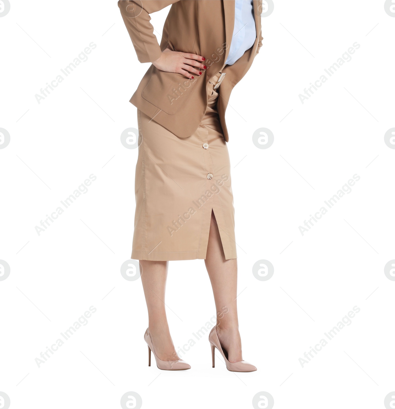 Photo of Businesswoman in beige shoes on white background, closeup