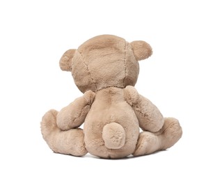Photo of Cute teddy bear isolated on white, back view