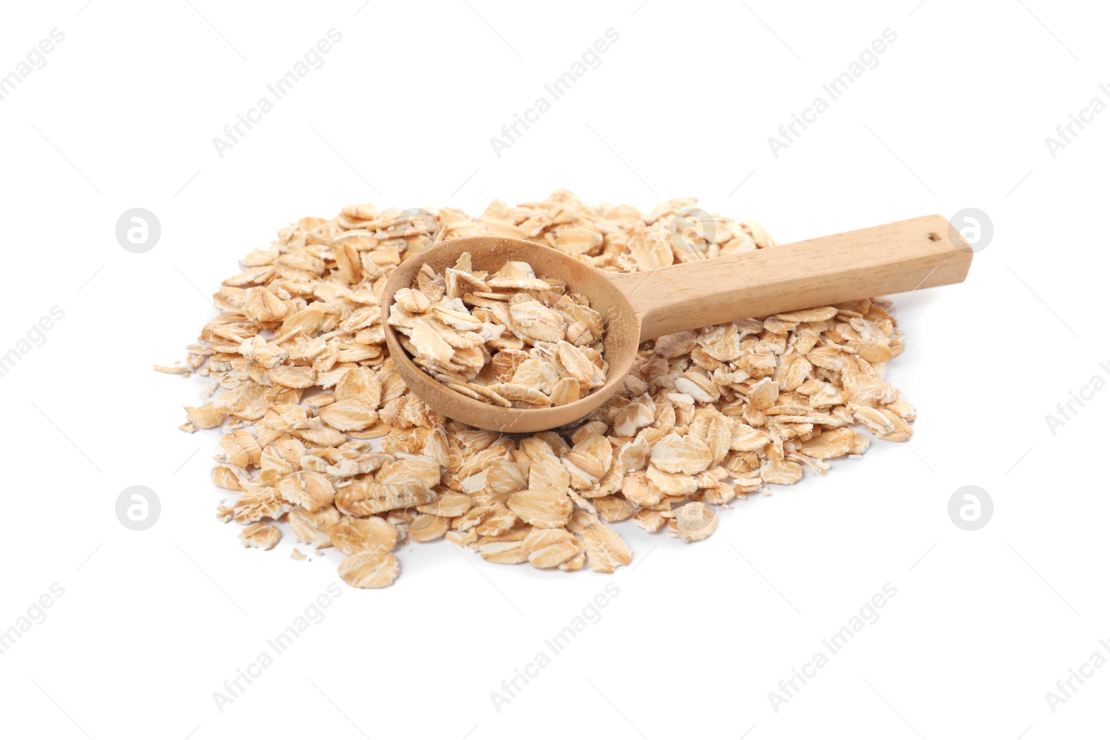 Photo of Wooden spoon with oatmeal isolated on white