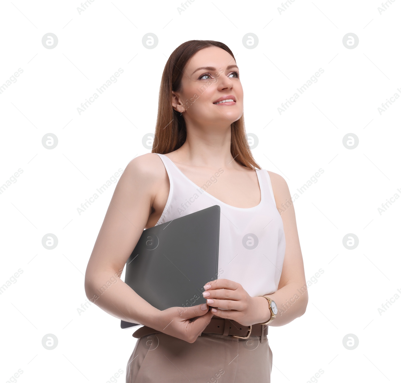 Photo of Beautiful businesswoman with laptop on white background, low angle view