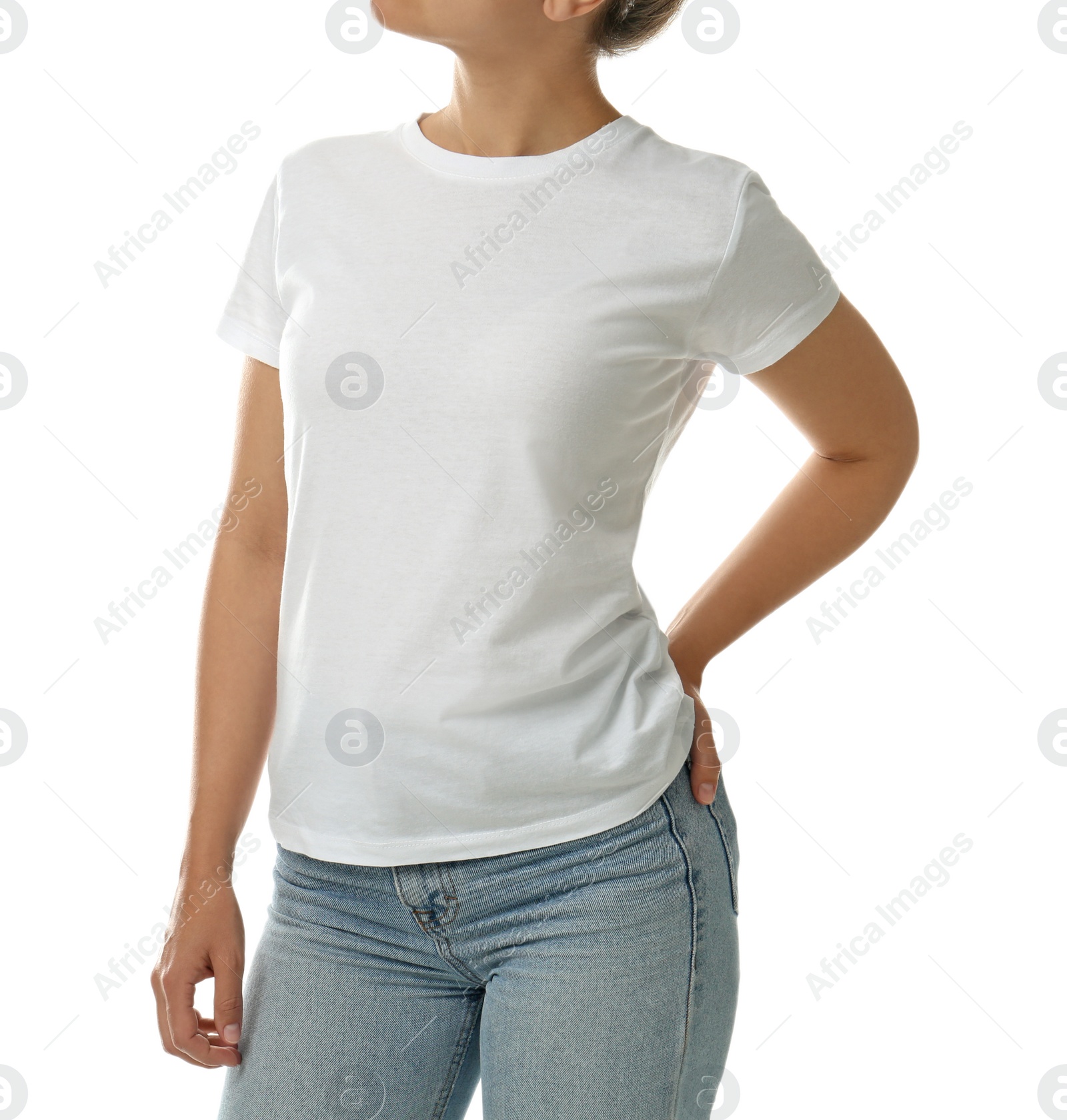 Photo of Woman in t-shirt on white background, closeup. Space for design