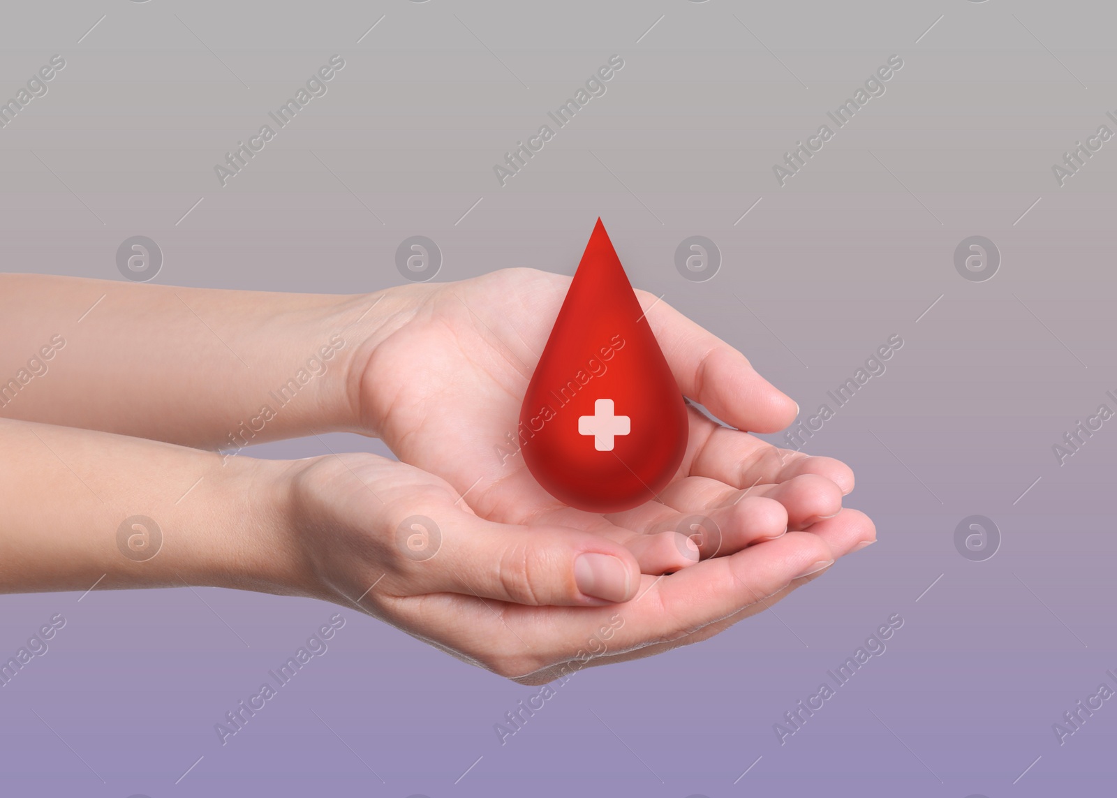 Image of Woman holding red drop in hands on light background, closeup. Blood donation concept