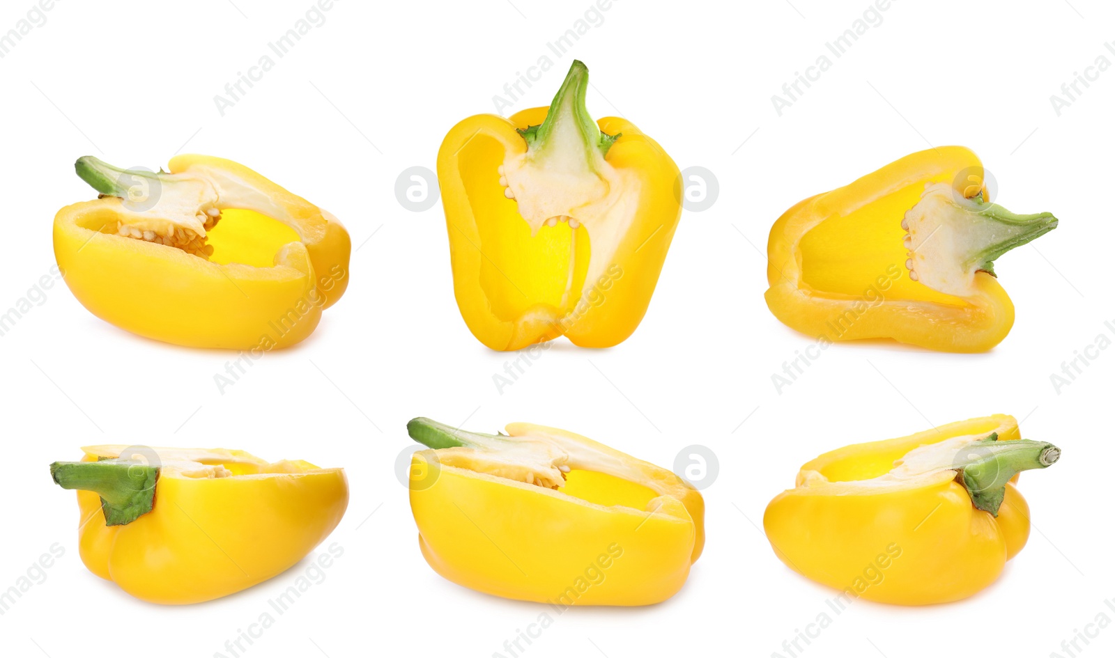 Image of Set of cut ripe yellow bell peppers on white background