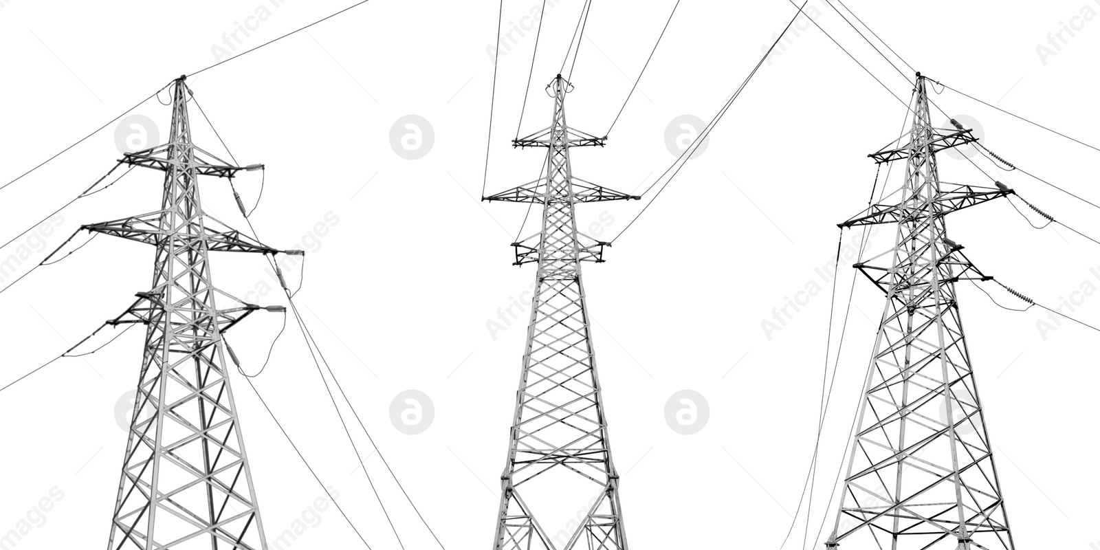 Image of Collage with high voltage towers isolated on white. Electric power transmission