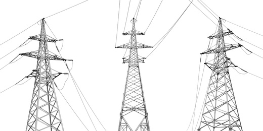 Collage with high voltage towers isolated on white. Electric power transmission