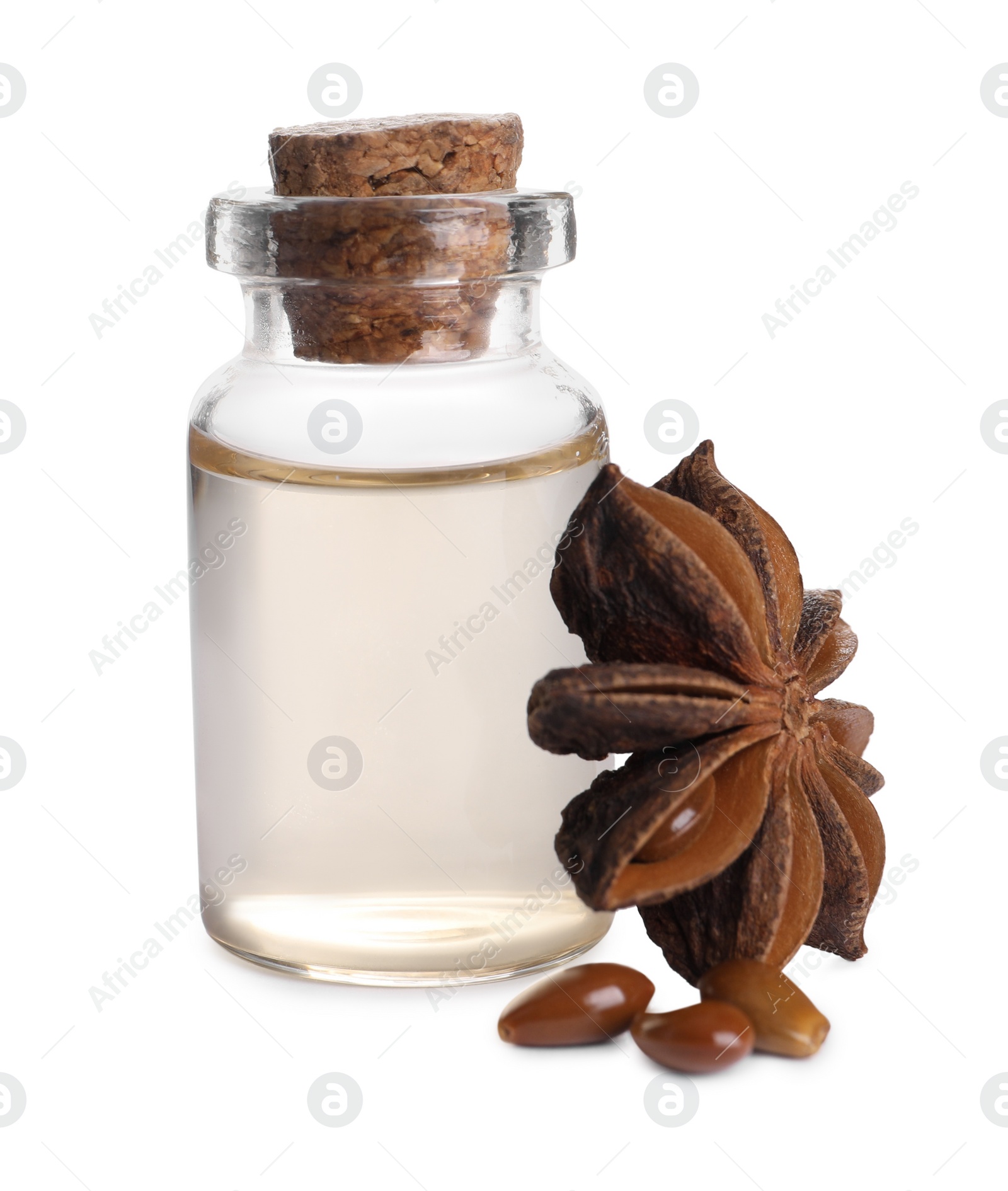 Photo of Anise essential oil and spice on white background