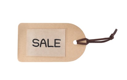 Photo of Tag with word Sale isolated on white. Black Friday