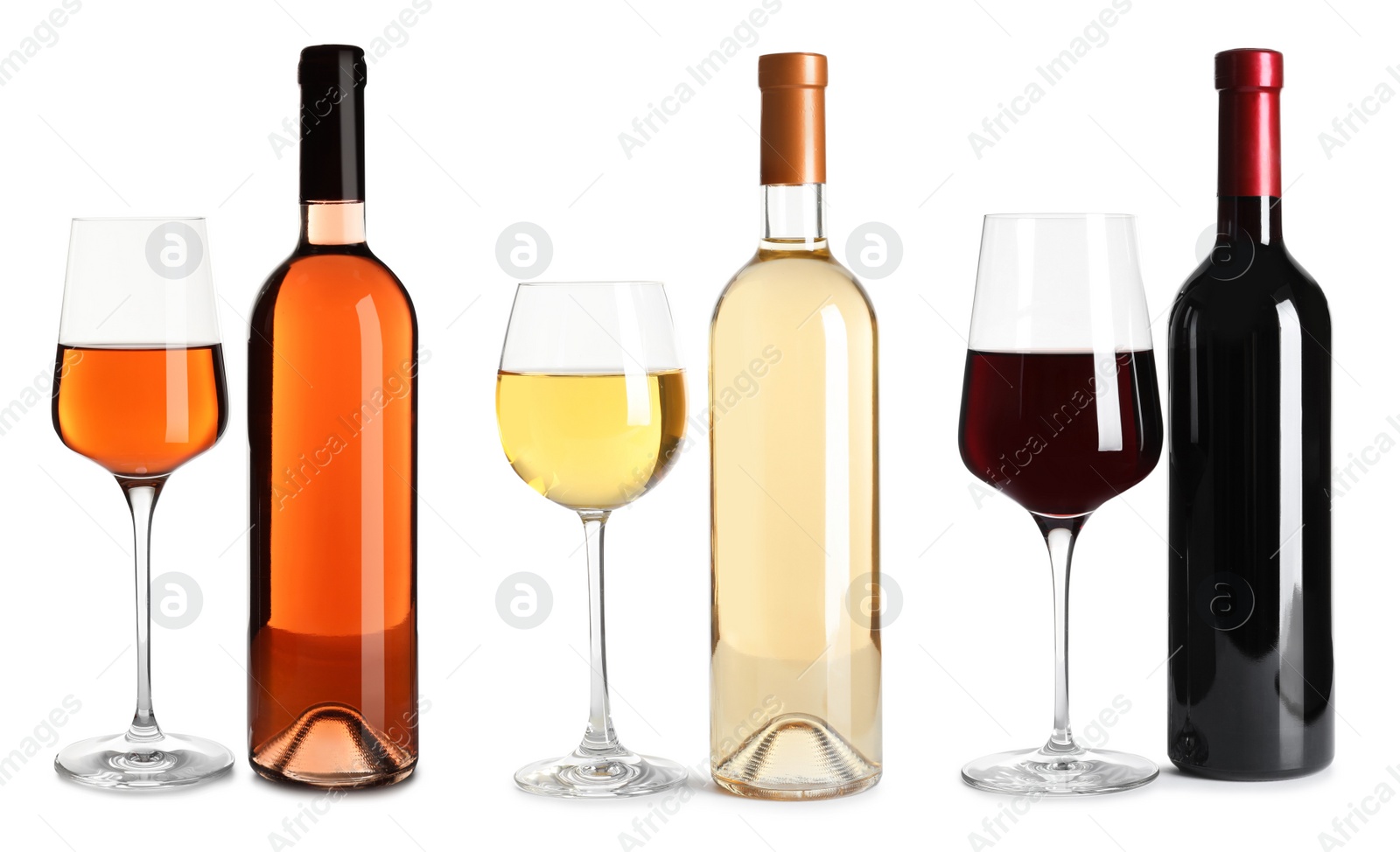 Image of Set with bottles and glasses of different delicious expensive wines on white background