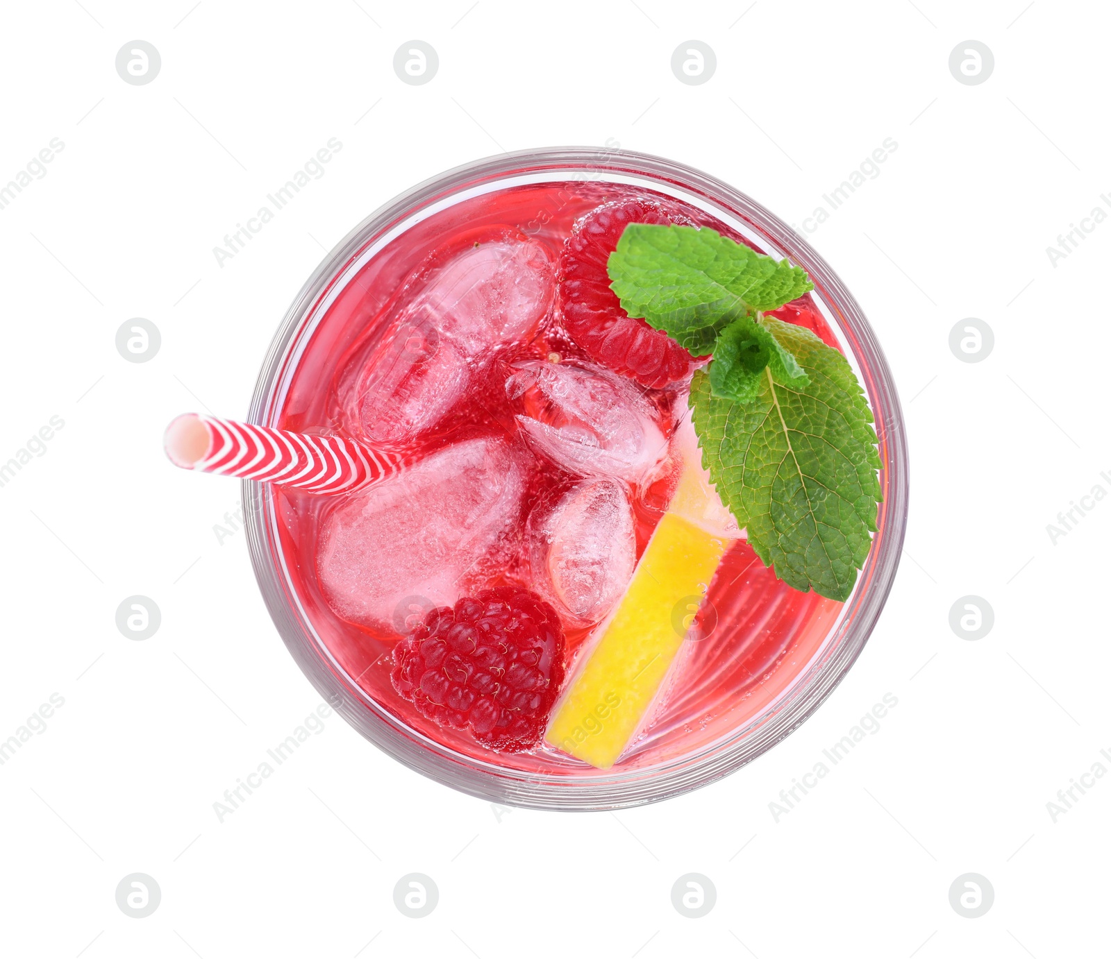 Photo of Delicious raspberry lemonade made with soda water isolated on white, top view