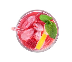 Delicious raspberry lemonade made with soda water isolated on white, top view