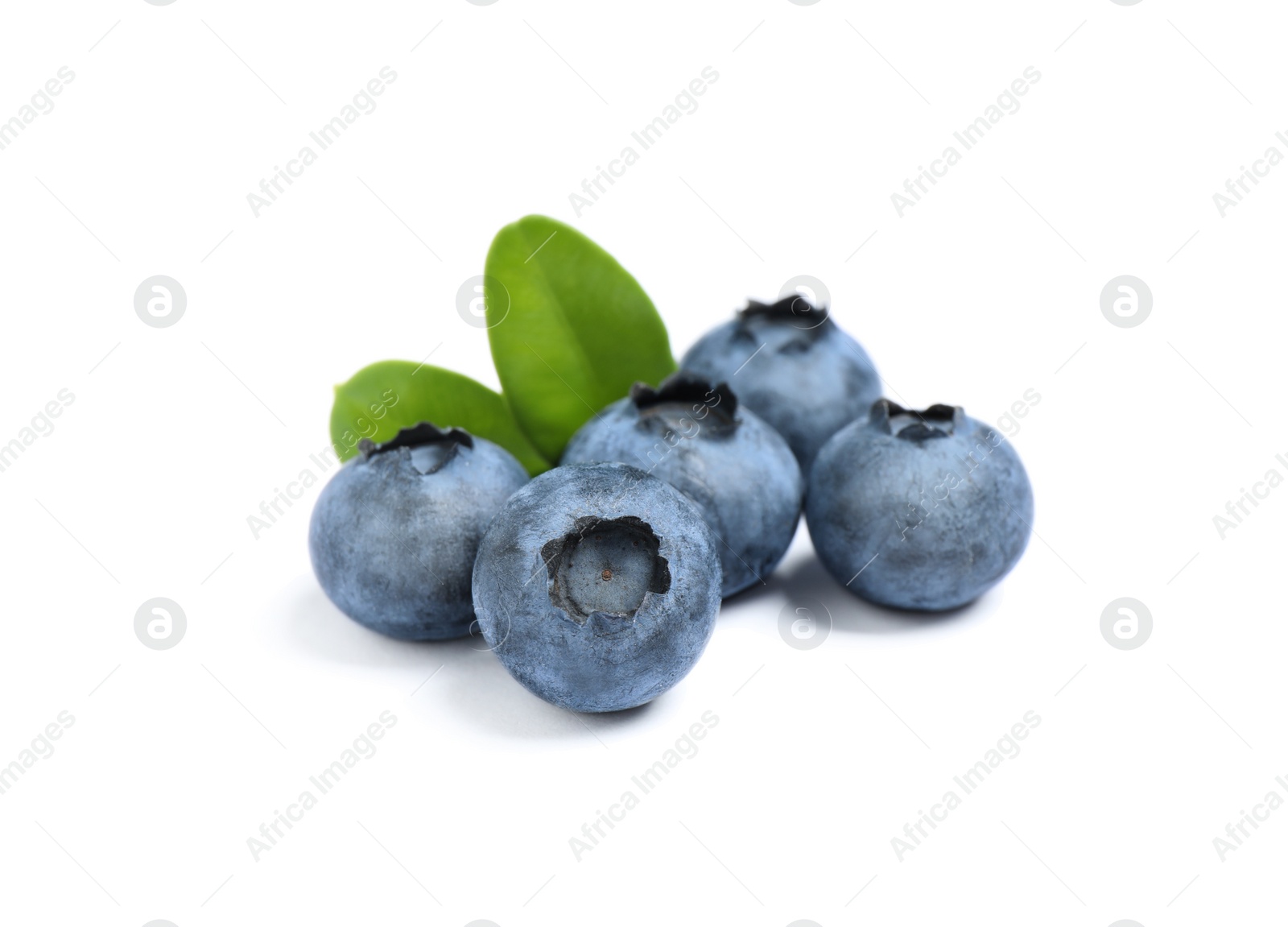 Photo of Fresh ripe blueberries with leaves on white background