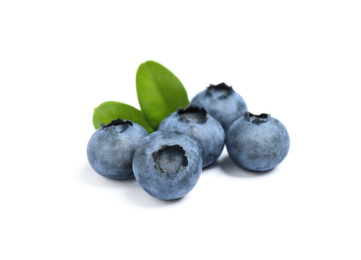 Photo of Fresh ripe blueberries with leaves on white background