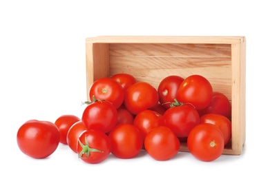 Overturned wooden crate with fresh ripe tomatoes on white background