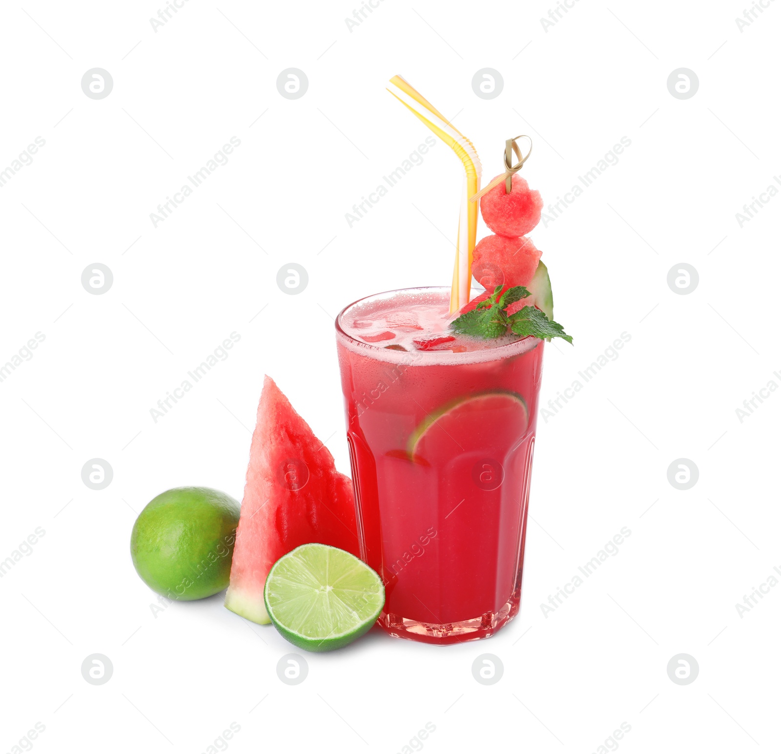 Photo of Delicious fresh watermelon drink and fresh fruits on white background