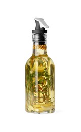 Photo of Glass bottle of cooking oil with spices and herbs isolated on white