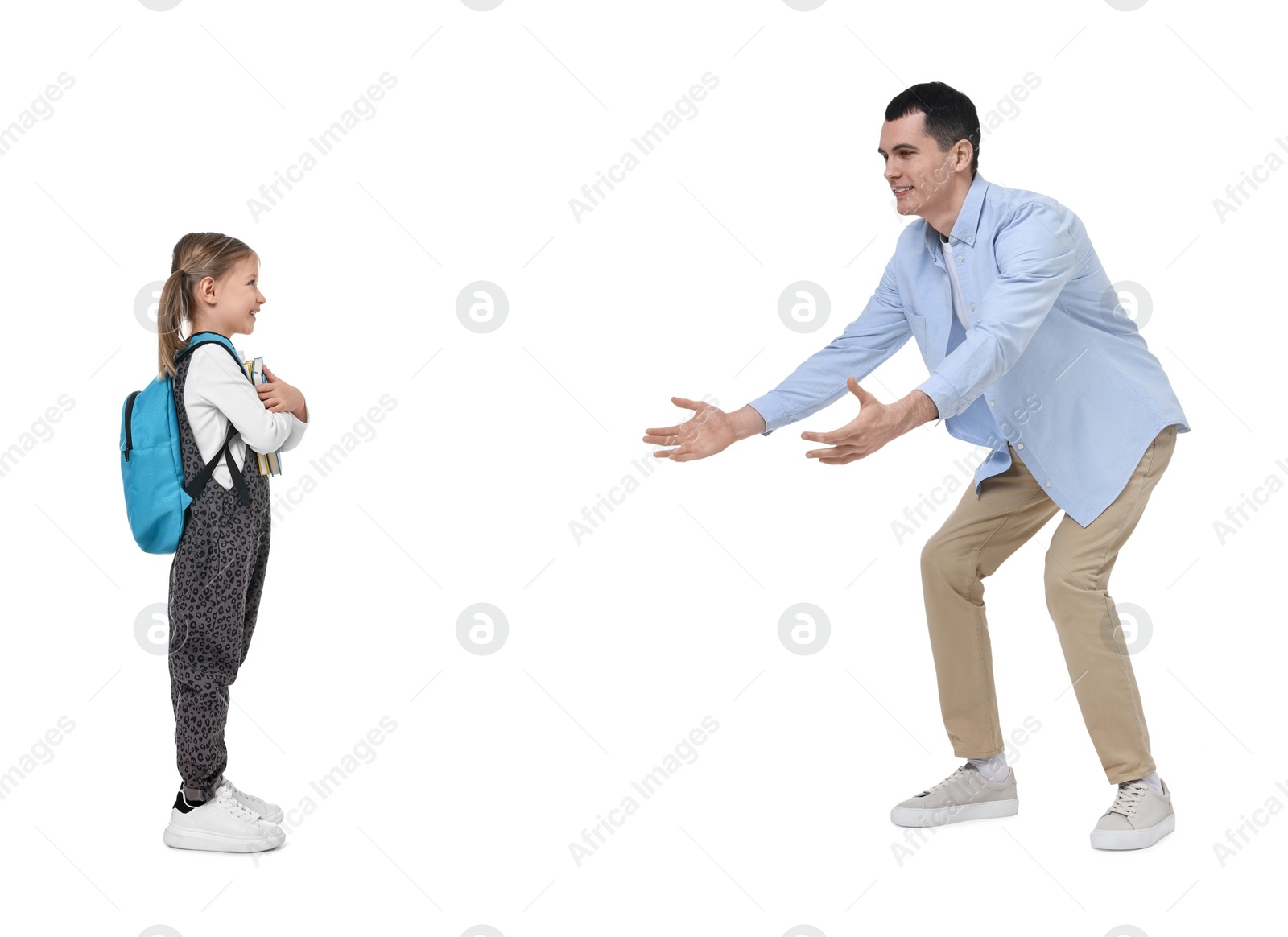 Image of Father meeting his daughter after school on white background