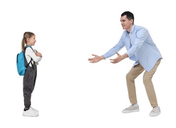 Image of Father meeting his daughter after school on white background