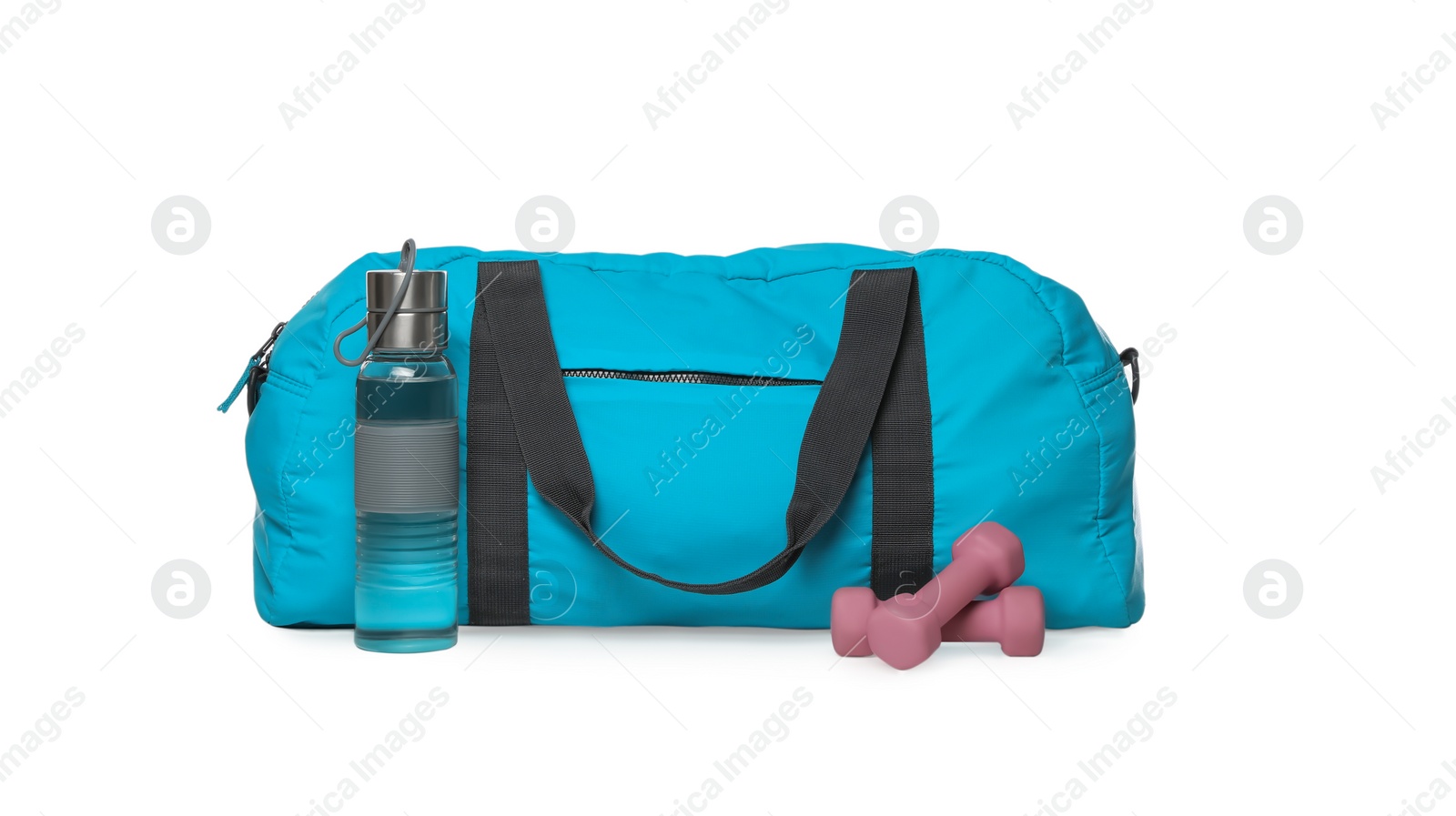 Photo of Bag with different sports equipment on white background