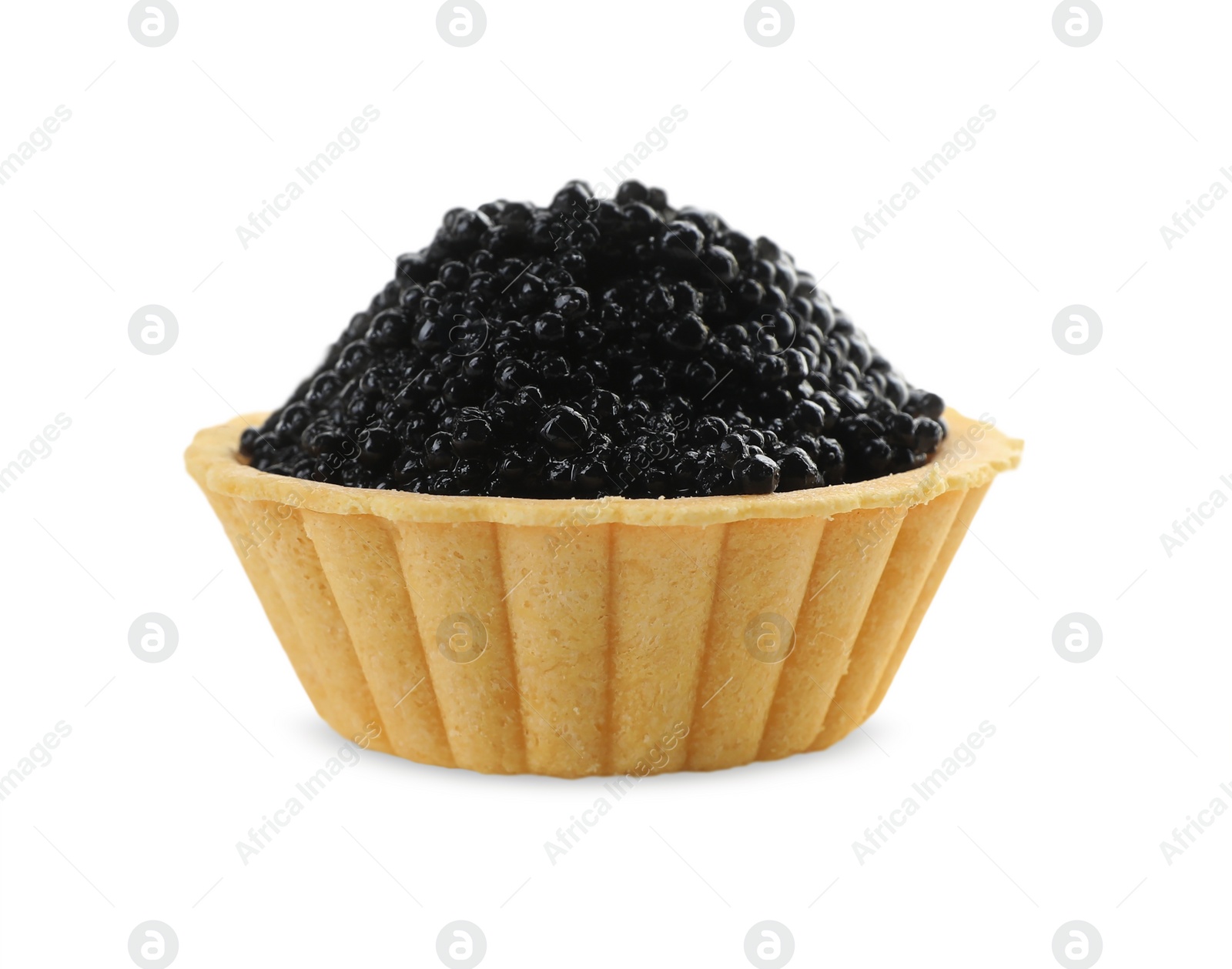 Photo of Delicious tartlet with black caviar on white background