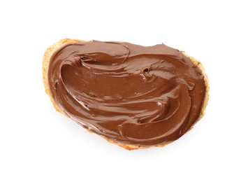 Bread with tasty chocolate spread on white background, top view