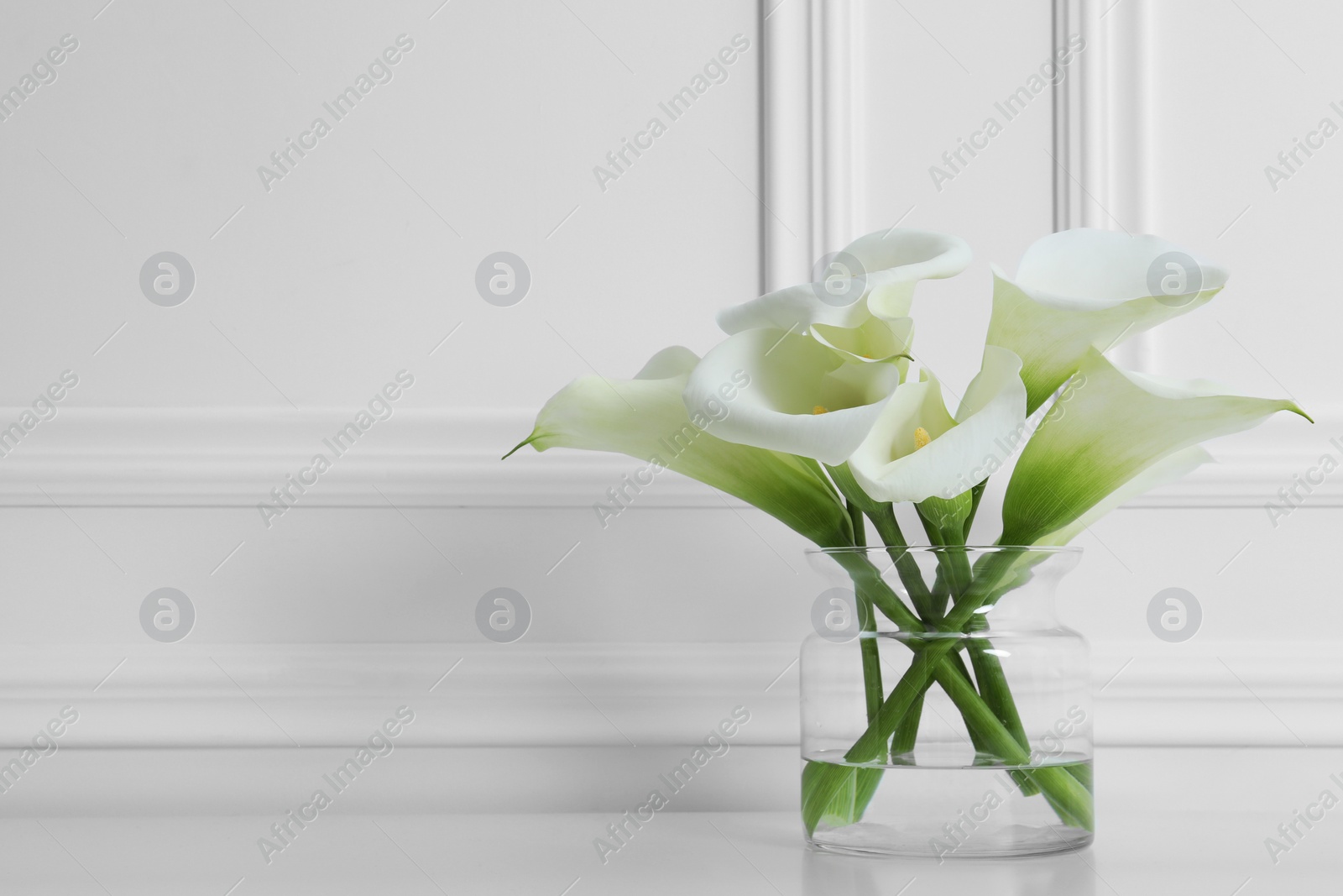 Photo of Beautiful calla lily flowers in glass vase on white table. Space for text