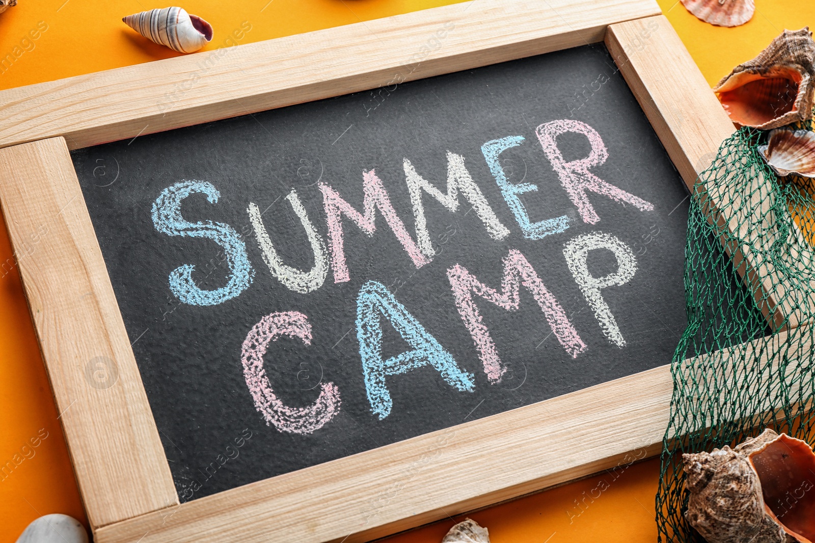 Photo of Text "SUMMER CAMP" on chalkboard and shells, closeup