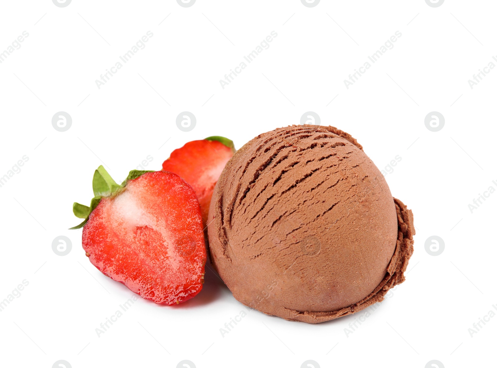 Photo of Scoop of chocolate ice cream and strawberry isolated on white